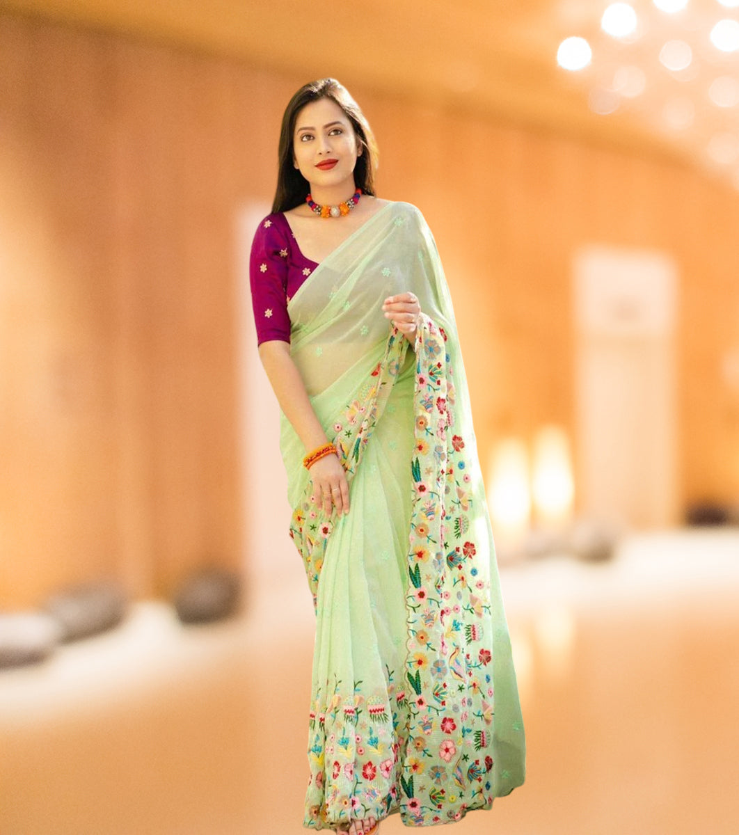 Parrot Green Full Embroidery Saree